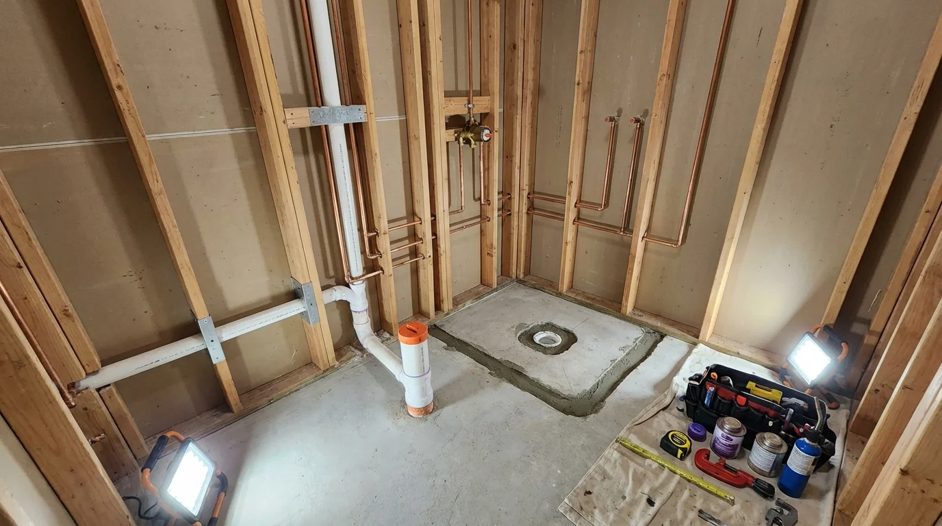 Bathroom rough-in plumbing during remodel by Johns Plumbing LLC in El Dorado Hills