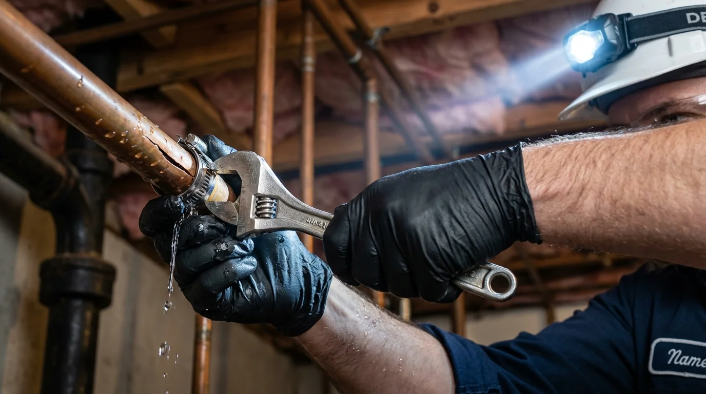 Emergency pipe clamp repair being performed by a Johns Plumbing LLC plumber in El Dorado Hills