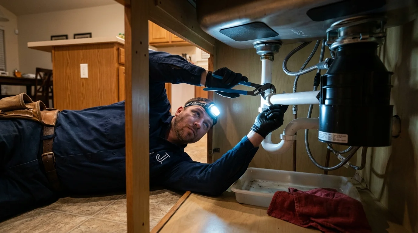 P-trap and supply line connections under a kitchen sink showing a common leak point in El Dorado Hills, CA